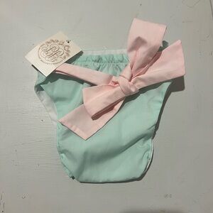 The Beaufort Bonnet Company Mint Diaper Cover with Pink Bow